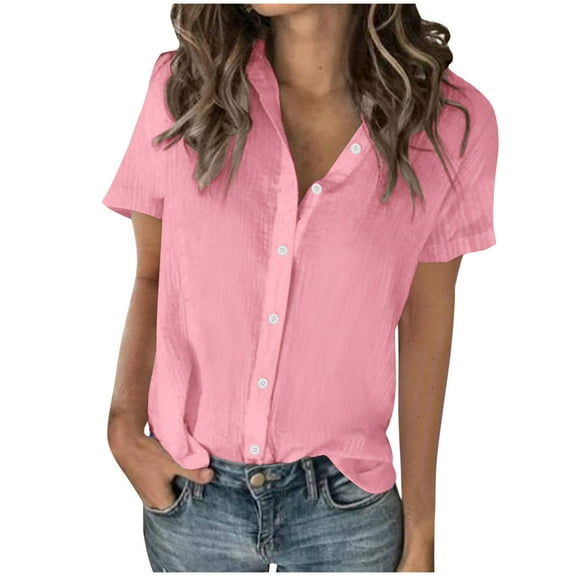 Short Sleeve Button Down Shirts for Women Cotton Linen Dressy Casual V Neck Solid Shirts Loose Fit Tops