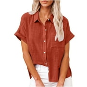 NEBZCIV Short Sleeve Button Up Linen Shirts Womens Casual Lapel Collar Lightweight Plus Size Pocket Loose Tee Blouses (Large, Orange)