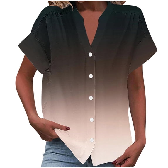 Short Sleeve Button Up Shirts for Women Summer Fall Spring Pure Color Dressy Casual Blouses V Neck Loose Tops (M, Rose Gold)
