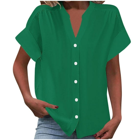 Short Sleeve Button Up Shirts for Women Summer Fall Spring Pure Color Dressy Casual Blouses V Neck Loose Tops (S, Green)