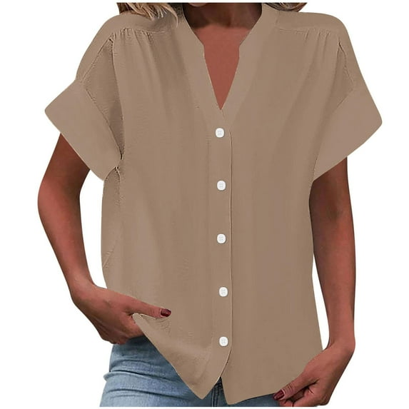 Short Sleeve Button Up Shirts for Women Summer Fall Spring Pure Color Dressy Casual Blouses V Neck Loose Tops (XL, Khaki)