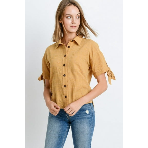 Short Sleeve Button Up Top With Tie Sleeve