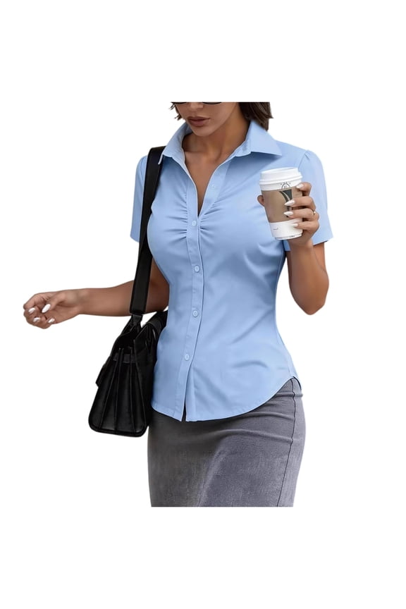 Short Sleeve Button Up Women Y2k Ruched Tops with Collared Fitted Button Down Shirts for Women 2026 Summer Fashion, 2XL