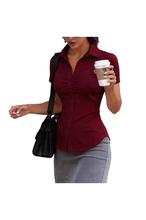 Short Sleeve Button Up Women Y2k Ruched Tops with Collared Fitted Button Down Shirts for Women 2026 Summer Fashion, 2XL