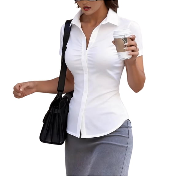 Short Sleeve Button Up Women Y2k Ruched Tops with Collared Fitted Button Down Shirts for Women 2026 Summer Fashion, L