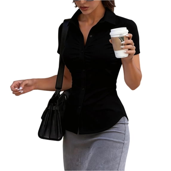 Short Sleeve Button Up Women Y2k Ruched Tops with Collared Fitted Button Down Shirts for Women 2026 Summer Fashion, S