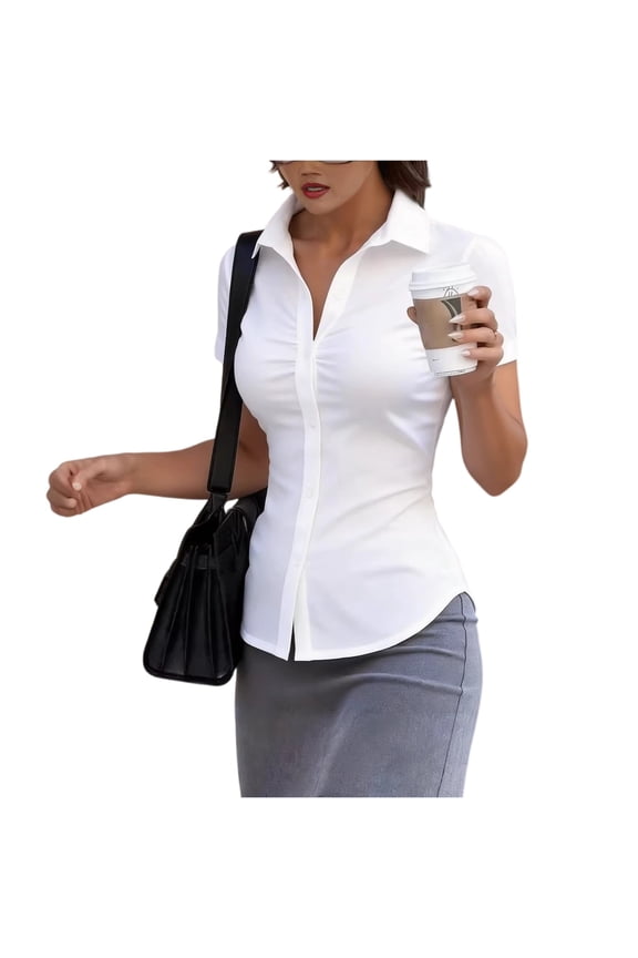 Short Sleeve Button Up Women Y2k Ruched Tops with Collared Fitted Button Down Shirts for Women 2026 Summer Fashion, S