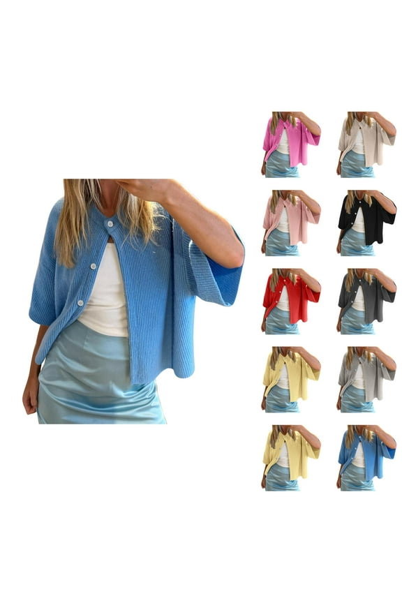 Short Sleeve Cardigan Sweaters for Women 2025 Summer Fall Trendy Crewneck Button Down Lightweight Knit Sweater