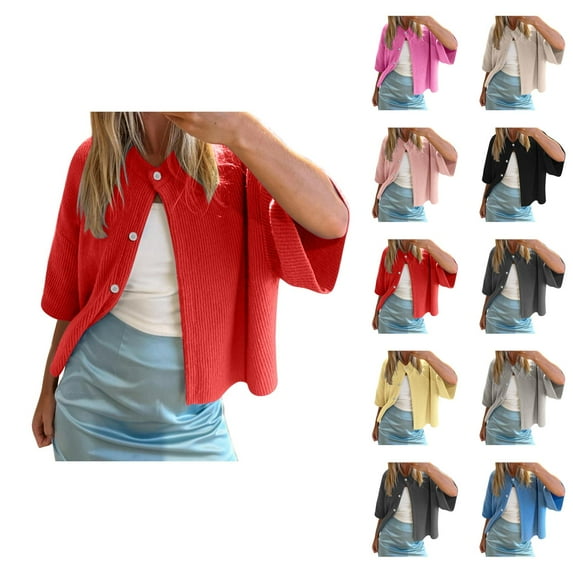 Short Sleeve Cardigan Sweaters for Women 2025 Summer Fall Trendy Crewneck Button Down Lightweight Knit Sweater