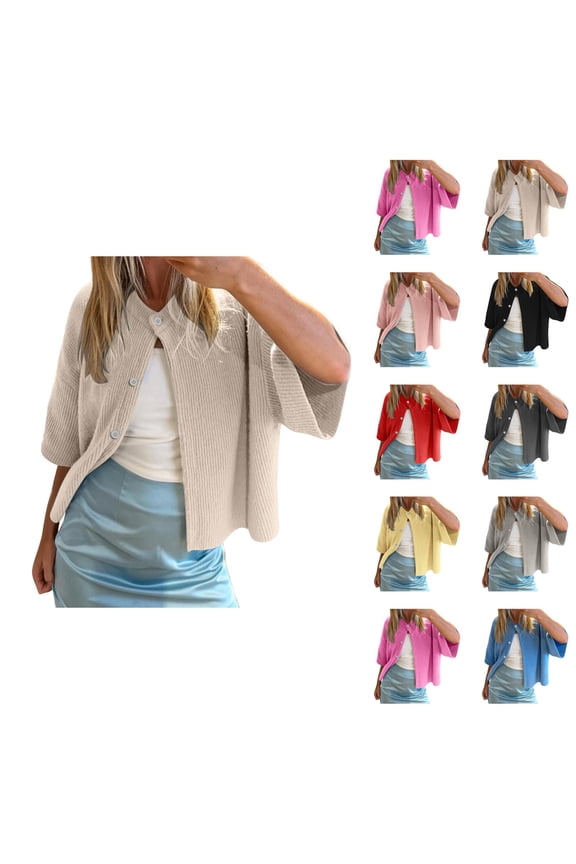 Short Sleeve Cardigan Sweaters for Women 2025 Summer Fall Trendy Crewneck Button Down Lightweight Knit Sweater