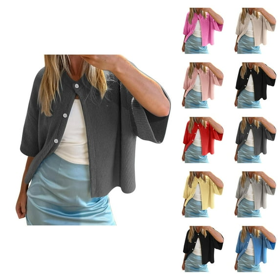 Short Sleeve Cardigan Sweaters for Women 2025 Summer Fall Trendy Crewneck Button Down Lightweight Knit Sweater