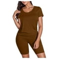 thumbnail image 1 of Short Sleeve Casual Biker Shorts Set Two Piece Outfits for Women Brown S, 1 of 4