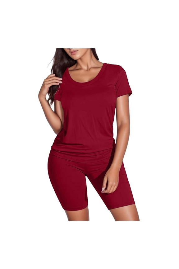 Short Sleeve Casual Biker Shorts Set Two Piece Outfits for Women M