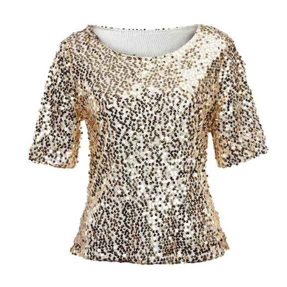 Short Sleeve Casual Tops for Women Fashion Sequins Sparkle Coctail Party Blouse Crop Shirt T Shirts Basic Tee Tops