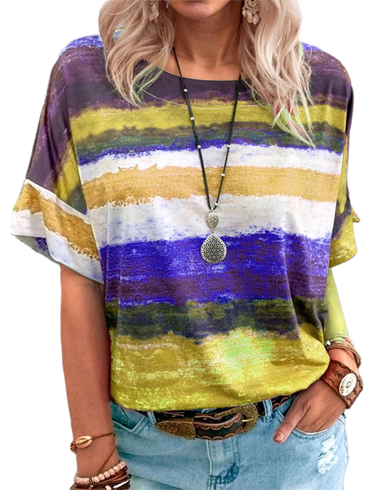 Short Sleeve Casual Tunic T-Shirts Tops For Women Tie-dye Striped ...