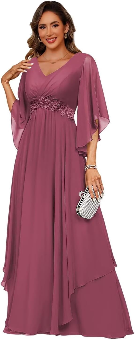 LYQDRSS Short Sleeve Chiffon Mother of The Bride Dresses with Lace Ruched Aline Formal Evening Dress Zu064, Girl's, Clear