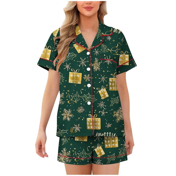 Short Sleeve Christmas Pajamas Set for Women Button Down Sleepwear Matching Shorts Graphic Cute Pjs 2 Piece Lounge Sets