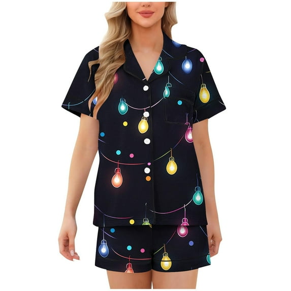 Short Sleeve Christmas Pajamas Set for Women Button Down Sleepwear Matching Shorts Graphic Cute Pjs 2 Piece Lounge Sets