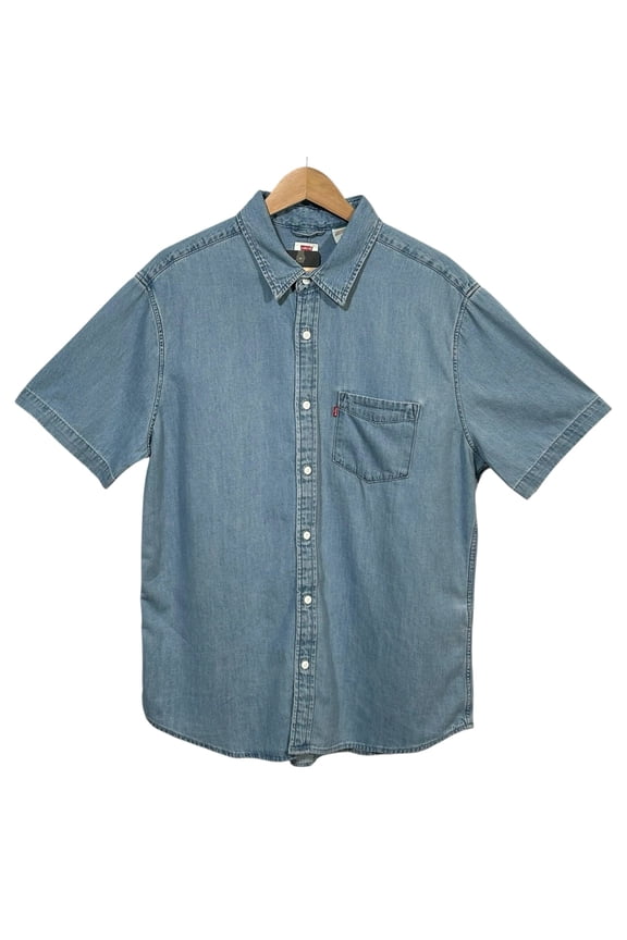 Mens Button-Up Cotton Shirt Size L Blue Classic Fit Casual Short Sleeve