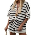 thumbnail image 1 of Short Sleeve Colorful Striped Casual 2 Pieces Sets Knit Cardigan Tops & Shorts, 1 of 4
