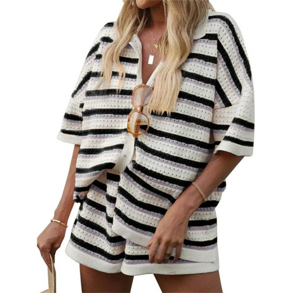 Short Sleeve Colorful Striped Casual 2 Pieces Sets Knit Cardigan Tops & Shorts