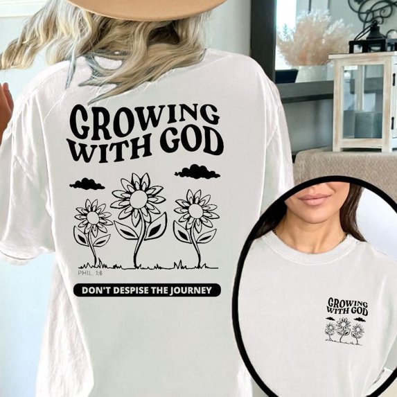 Short Sleeve Cotton 'Growing With God' Tee – Women’s Christian Philippians 1:6 Graphic Tops