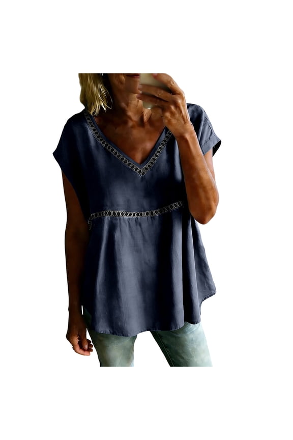 Short Sleeve Cotton Linen Peplum Tops for Women V-Neck Crochet Trim Casual Blouse for Work Vacation Daily Life and Outdoor Activities