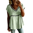 thumbnail image 1 of Short Sleeve Cotton Linen Peplum Tops for Women V-Neck Crochet Trim Casual Blouse for Work Vacation Daily Life and Outdoor Activities, 1 of 5