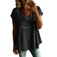 thumbnail image 1 of Short Sleeve Cotton Linen Peplum Tops for Women V-Neck Crochet Trim Casual Blouse for Work Vacation Daily Life and Outdoor Activities, 1 of 5