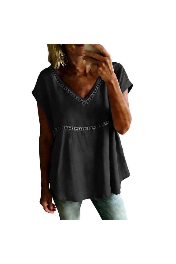 Short Sleeve Cotton Linen Peplum Tops for Women V-Neck Crochet Trim Casual Blouse for Work Vacation Daily Life and Outdoor Activities