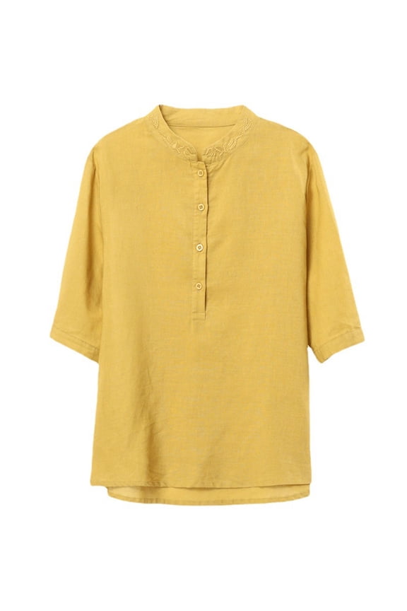 Short Sleeve Cotton Linen Tops for Women Chinese Mandarin Collar Button Down Shirts Vintage Embroidered Tee Blouse