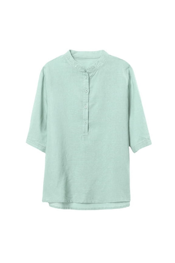 Short Sleeve Cotton Linen Tops for Women Chinese Mandarin Collar Button Down Shirts Vintage Embroidered Tee Blouse