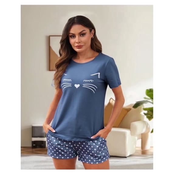 Short Sleeve Cotton Pajamas Sets for Women 2pc Women's Shorts Pajama Set Women's Cat Print Pajama Set Womens Summer Pajamas Sets Soft Loungewear Sets for Women, S-XXL