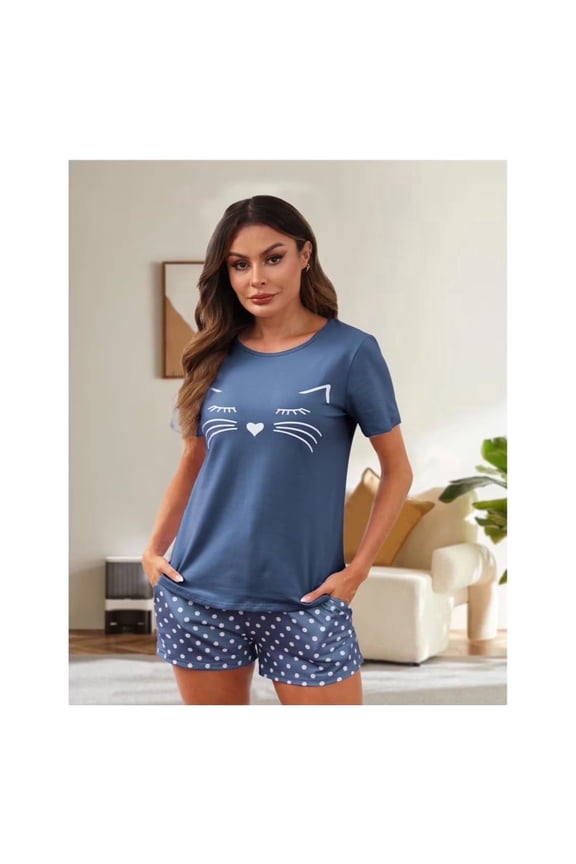 Short Sleeve Cotton Pajamas Sets for Women 2pc Women's Shorts Pajama Set Women's Cat Print Pajama Set Womens Summer Pajamas Sets Soft Loungewear Sets for Women, S-XXL