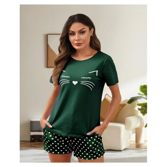 Short Sleeve Cotton Pajamas Sets for Women 2pc Women's Shorts Pajama Set Women's Cat Print Pajama Set Womens Summer Pajamas Sets Soft Loungewear Sets for Women, S-XXL