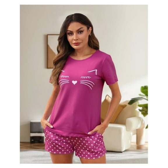 Short Sleeve Cotton Pajamas Sets for Women 2pc Women's Shorts Pajama Set Women's Cat Print Pajama Set Womens Summer Pajamas Sets Soft Loungewear Sets for Women, S-XXL
