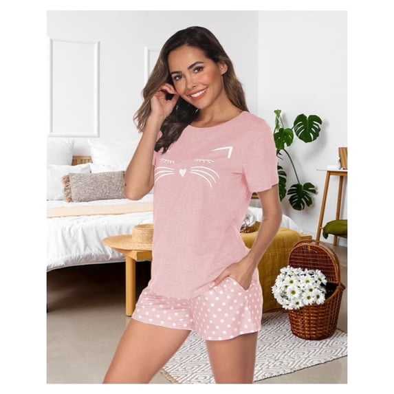 Short Sleeve Cotton Pajamas Sets for Women 2pc Women's Shorts Pajama Set Women's Cat Print Pajama Set Womens Summer Pajamas Sets Soft Loungewear Sets for Women, S-XXL