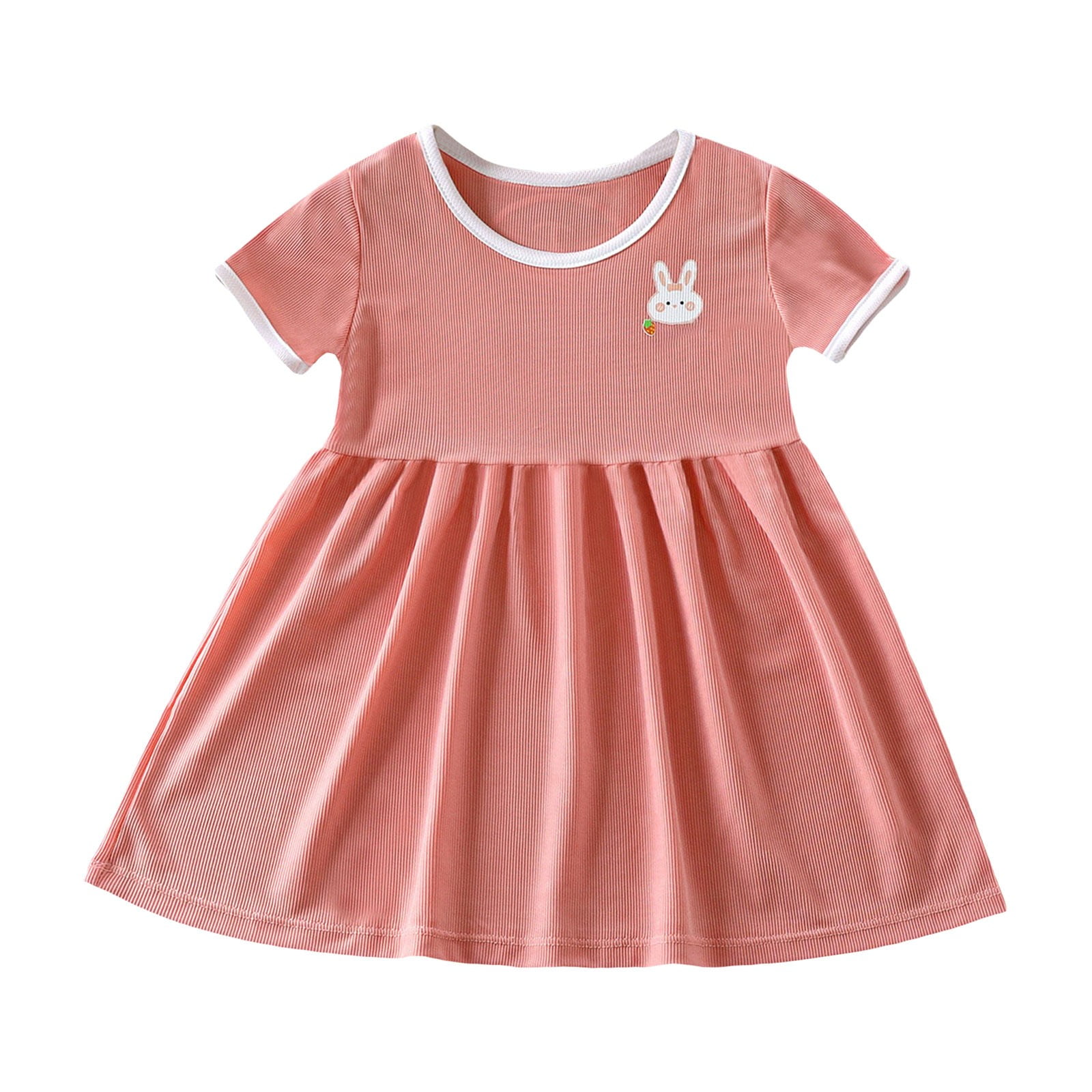 Short Sleeve Crew Neck Bunny Print Patchwork Dress For Toddler Girls