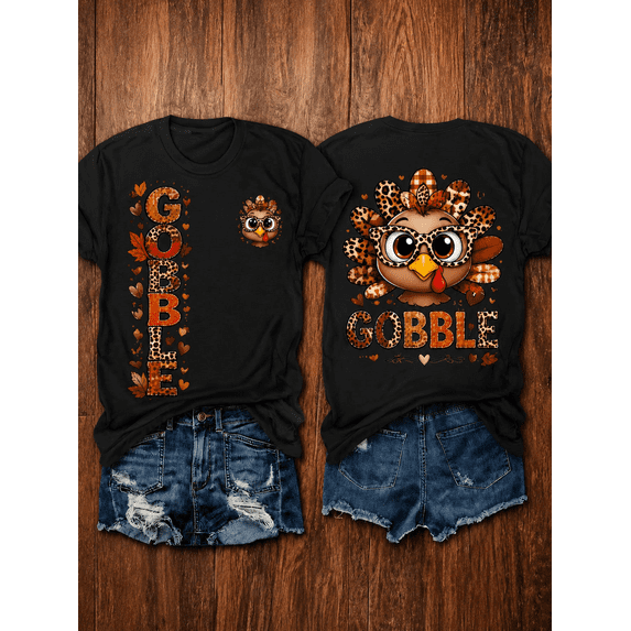 Short Sleeve Crew Neck Graphic Top Featuring Gobble Turkey Thanksgiving ...
