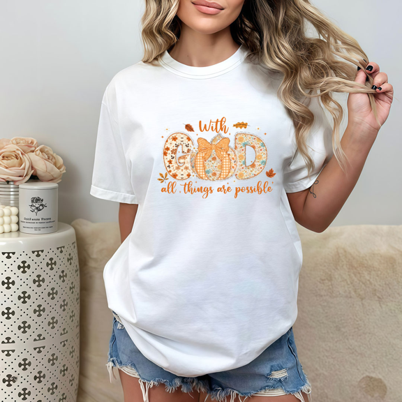 Short Sleeve Crew Neck Inspirational Graphic T-Shirt "All Things Possible" Quote Tee Casual Top White S-5XL