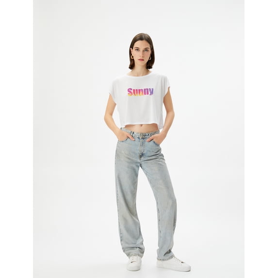 Short Sleeve Crew Neck Printed Crop T-Shirt
