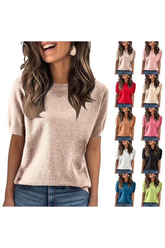 Short Sleeve Crew Neck Sweater with Textured Bouclé and Relaxed Fit for Women Who Want Effortless Style from Spring to Fall Red XXL