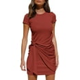 thumbnail image 1 of Short Sleeve Crew Neck T Shirt Dress Tie Waist Ruched Bodycon Mini Dress - Brick Red, 1 of 4