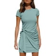 thumbnail image 1 of Short Sleeve Crew Neck T Shirt Dress Tie Waist Ruched Bodycon Mini Dress - Light Green, 1 of 4