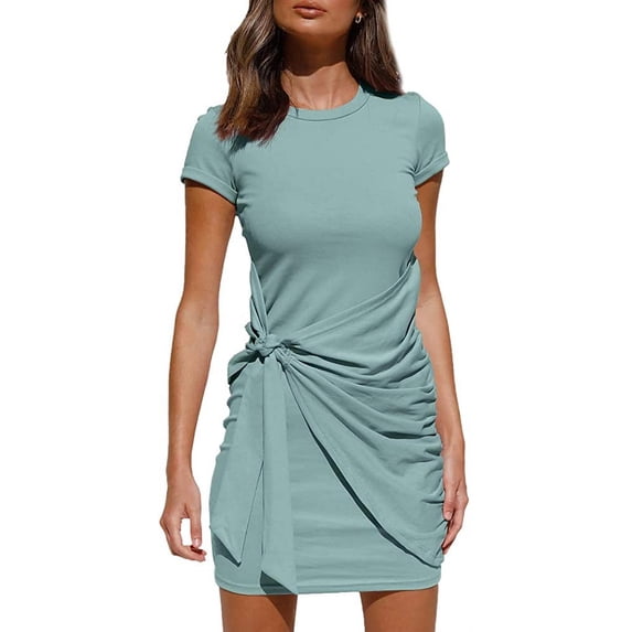 Short Sleeve Crew Neck T Shirt Dress Tie Waist Ruched Bodycon Mini Dress - Light Green