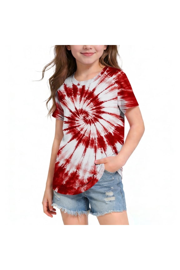 Short Sleeve Crew Neck T-Shirt for Girls Retro Spiral Tie Dye Print Top Daily Active Playwear Summer Vintage Fashion Wear for Teen