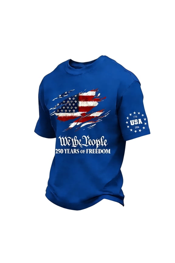Short Sleeve Crew Neck T Shirt with Printed American Flag Graphic and 250 Years of Freedom Text for Men Women Unisex Casual Wear Blue 3XL