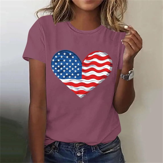 Short Sleeve Crew Neck USA Patriotic Shirts for Women 4th of July America Stars Stripes Flag Graphic Tops Cute Tee