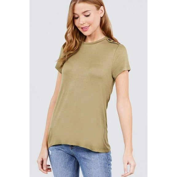 Short Sleeve Crew Neck W/shoulder Button Detail Rayon Spandex Top