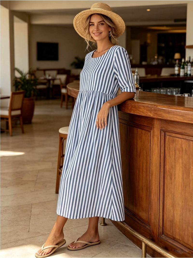 Short Sleeve Crew Neck Woven Vertical Stripe Maxi Dress with Pockets Empire Waist Flared A Line Sundress for Summer Vacation Beach and Picnic